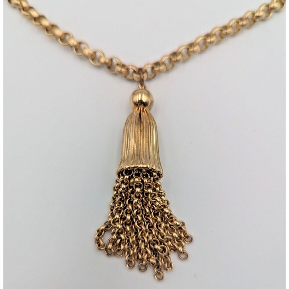 Vintage 1940s Trifari Gold Tone Collar Chain Necklace With Tassel 16" - Picture 1 of 15